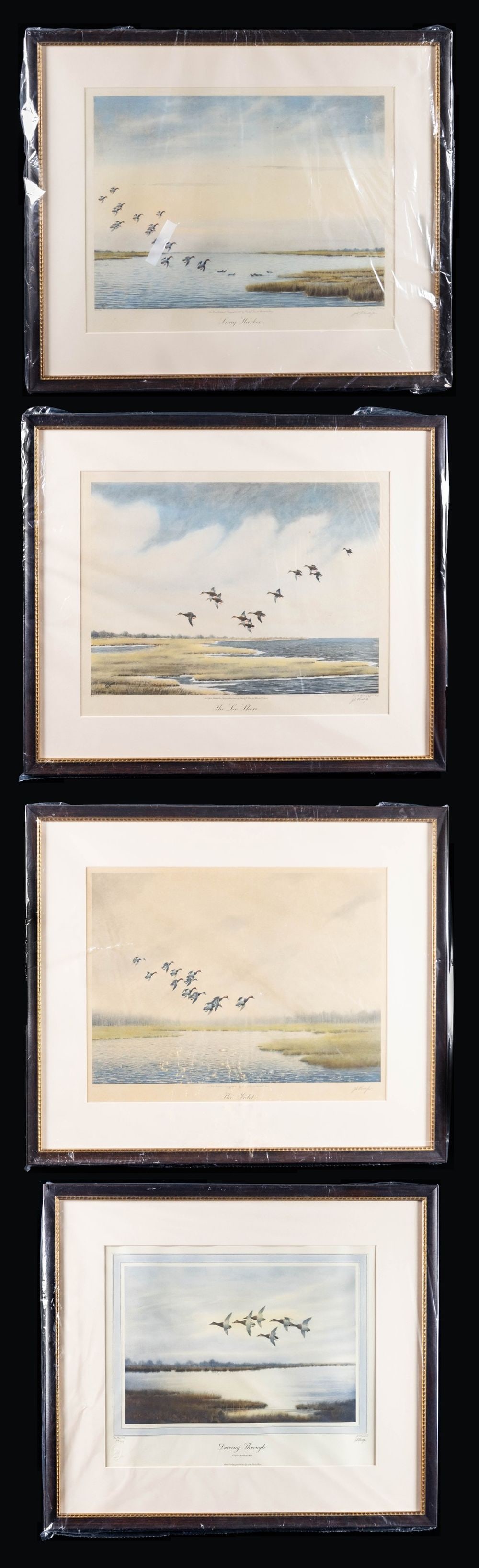 4 LIMITED EDITION WATERFOWL PRINTS BY J.D. KNAP.: 1) 3- Early (undated) prints "Snug Harbor" "300/58", "Lee Shore" "300/40" "The Inlet" "250/43. 2) 1- 1934 edition "Driving Through" "55/260". All signed in lower right J.D. Knap in pencil. SIZE: ALL: