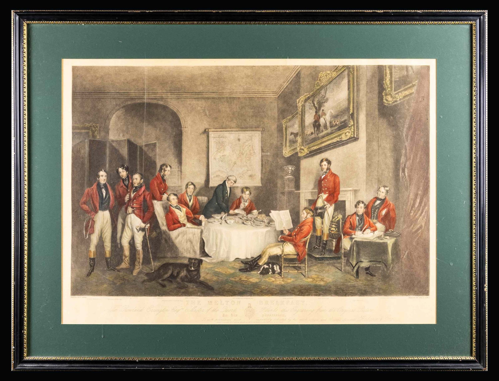 MELTON BREAKFAST PRINT.: Charles G. Lewis print of Quorn Hunt of Melton Mowbray preparing for his day with several other prominent Englishmen of the era. Print measures 29" in length & 20" in height. Frame measures 36" in