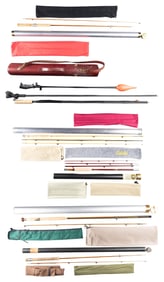 GROUP OF FISHING RODS & WADING STICKS.