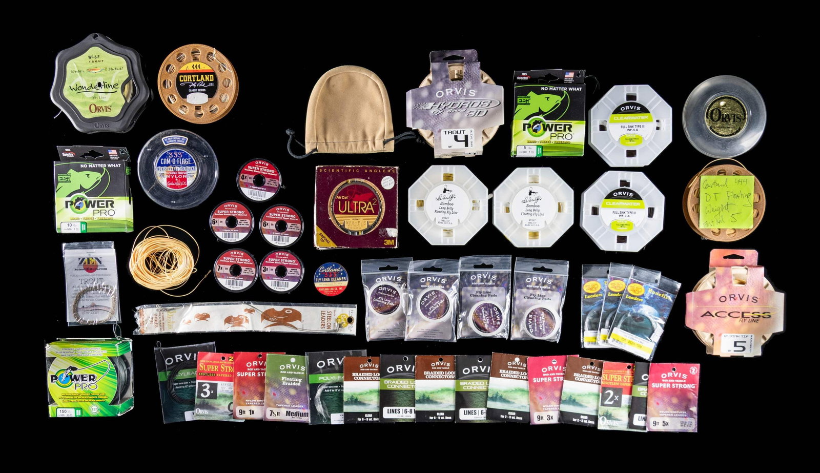 FISHERMEN'S LOT OF FLY LINES, TIPPETS & ETC.: 1) Approx. 14- Various fly lines both sinking and floating. CONDITION: good. 2) 1- 300 yd spool 150 lb. test Power Pro braided fishing line. CONDITION: very good. 3) Approx. 10- packets of various