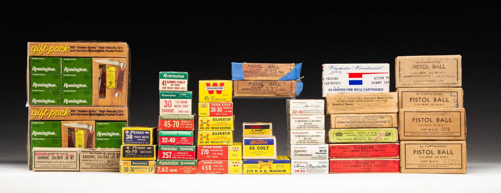 INTERESTING GROUPING OF VINTAGE AND MODERN: COLLECTIBLE BOXED AMMUNITION. Lot may contain hollow points. (Cal. 458 Win. Mag.) One box of 20 rounds. Red & yellow box. 500 grain full metal case. / (45-70 Govt.) No.1: PETERS. One box of 20