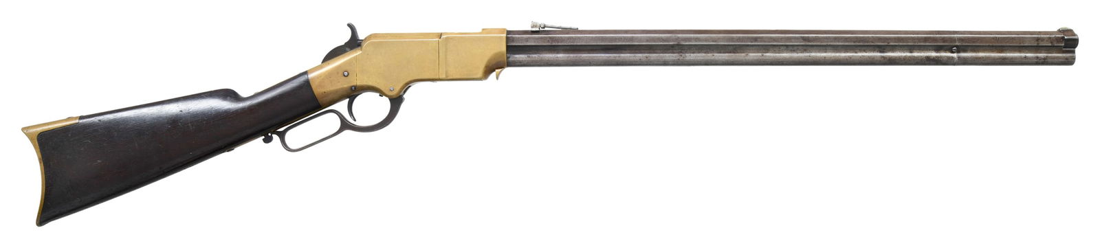 NEW HAVEN ARMS HENRY MODEL 1860 LEVER ACTION: RIFLE. Cal. 44 HRF. S# 6563. Mfg. 1864. Bbl. 24" octagon w/ integral mag. tube. Matching serial numbers on stock & buttplate. Bbl. sleeve rotates for loading. Brass blade front sight w/ bbl. mounted g
