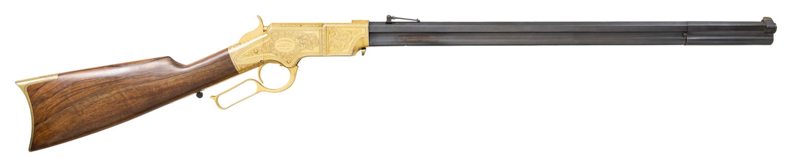 STUNNING UPGRADED GOLD PLATED DELUXE ENGRAVED: HENRY RIFLE, "KENTUCKY VOLUNTEERS". Cal. 44. S# 11198. This Henry has an original frame, barrel, and buttplate, the butt plate has a mismatched S# 9928. Barrel has been totally refinished and new addr