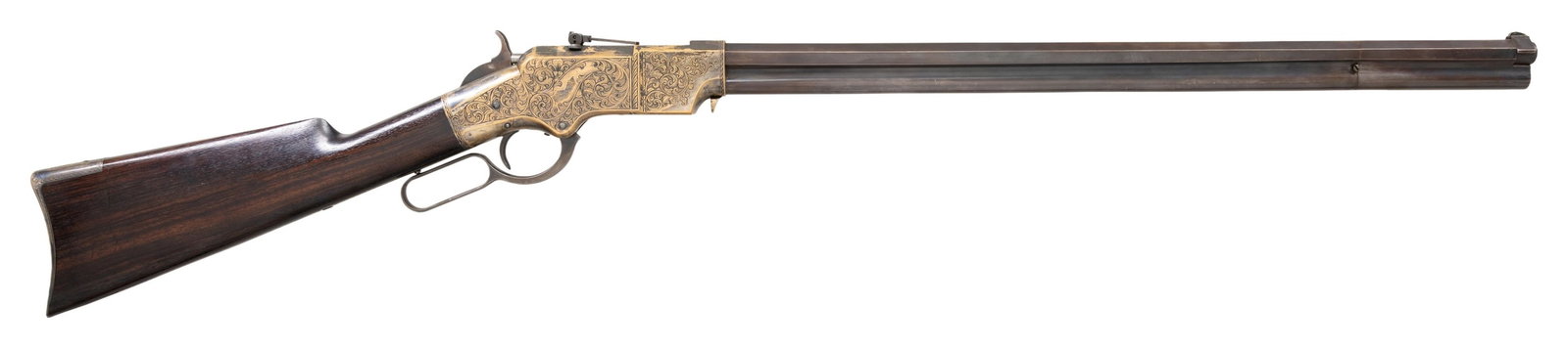 EXCELLENT RECREATED DELUXE ENGRAVED 1ST TYPE HENRY: RIFLE. Cal. 44. S# 113. This is a beautiful piece of work and I don't believe any of it is original, but a true craftsman either restored it from a frame or totally fabricated it including the deluxe