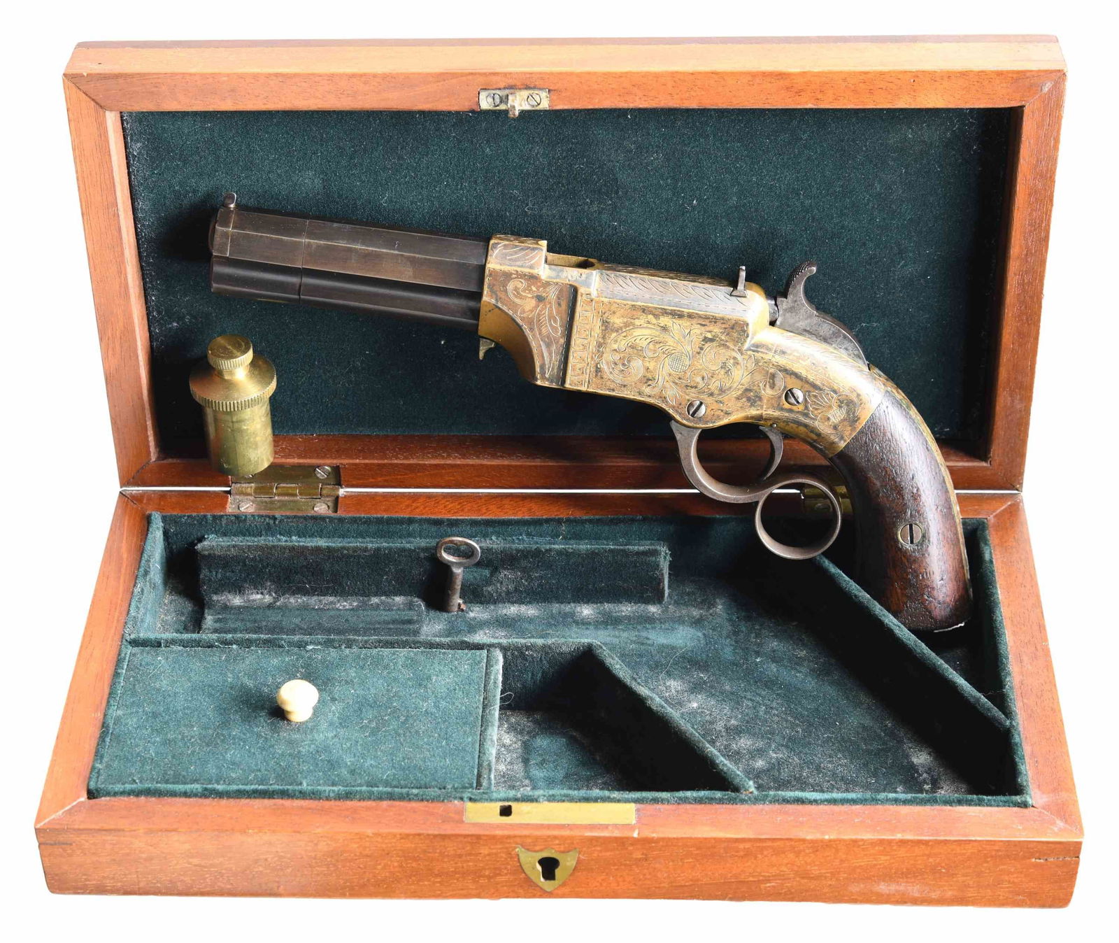 CUSTOM CASED & ENGRAVED NEW HAVEN ARMS NO. 1: VOLCANIC LEVER ACTION PISTOL. Cal 31. S# 2000. Manufactured between 1857-1860 after the breakup of Volcanic Arms Company by newly formed New Haven Arms Company, continued making same design for the se
