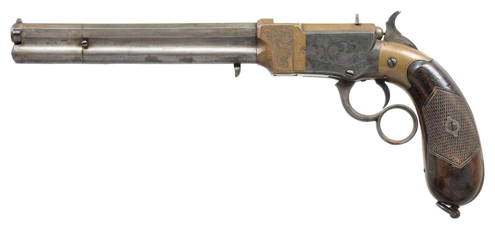 PIETRO VENDITTI 2ND MODEL 9MM LEVER ACTION: REPEATING PISTOL. Cal. 9mm. NSN. Pietro Venditti patented this close facsimile of the American Volcanic pistol in Italy in 1872. He made his own rocket ball ammunition for his 1st model but soon updat