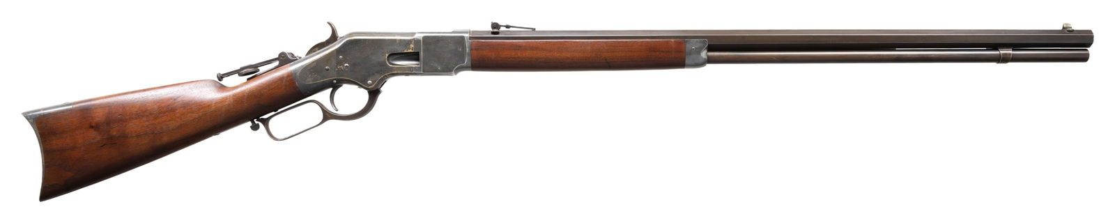 EXCEPTIONAL WINCHESTER 3RD MODEL 1866 LEVER: ACTION RIFLE. Cal. 44 Henry Rimfire. S#. 129638. Bbl. rare 28" octagon. Sporting front, folding rear and vernier tang sights. full length mag. Silver finished action, forend cap and brass trapdoor cre