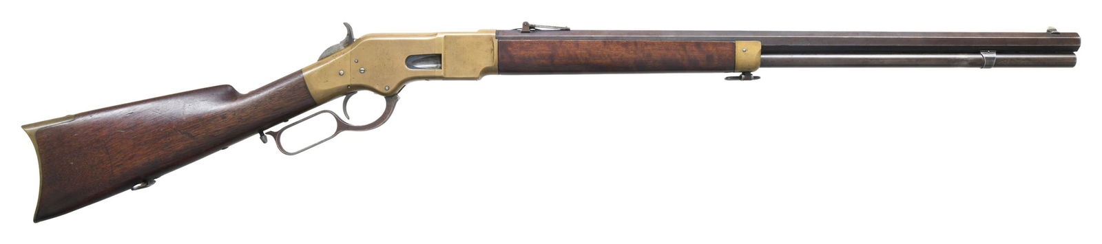 WINCHESTER 1866 3RD MODEL LEVER ACTION RIFLE.: Cal. 44 HRF. S# 121323. Bbl. 24" octagon. Blade front sight w/ graduated leaf rear sight. Full length mag. Walnut forearm & straight grip stock w/ brass trapdoor crescent buttplate. Brass forearm cap