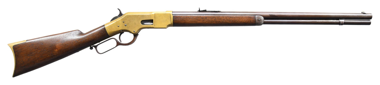 SCARCE ROUND BARREL WINCHESTER 1866 4TH MODEL: LEVER ACTION RIFLE. Cal. 44 HRF. S# 147032. Bbl. 24" in scarce round configuration w/ sporting sights. One of approx. 1,800 model 1866 rifles mfg with a round barrel. Full length mag. Walnut forearm &
