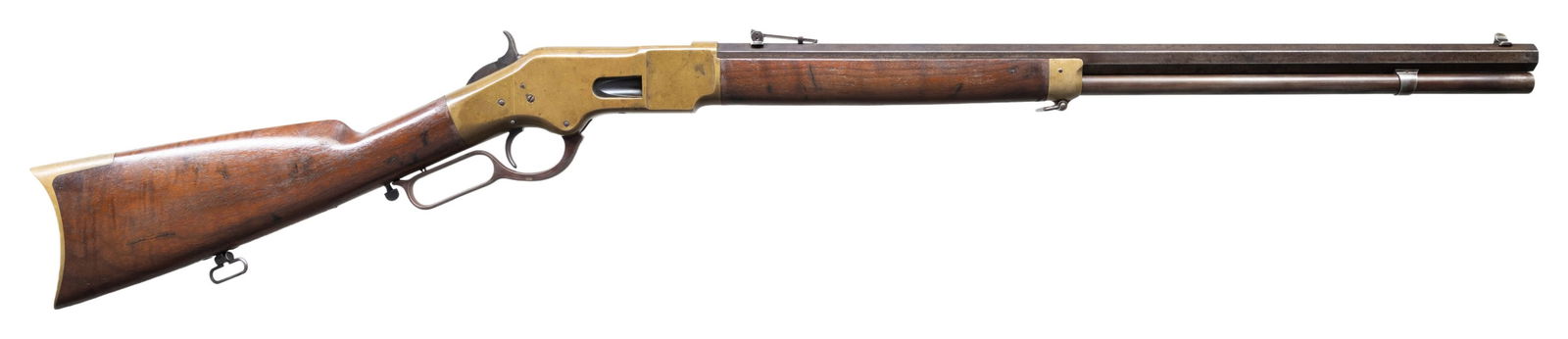 WINCHESTER 1866 SECOND MODEL LEVER ACTION RIFLE.: Cal. 44 HRF. S# 15682 (found on left inside of lower tang). Bbl. 24" octagon. Blade front sight with graduated leaf rear sight. Top flat of bbl. is marked "HENRY'S PATENT - OCT. 16, 1860/ KING'S PATEN