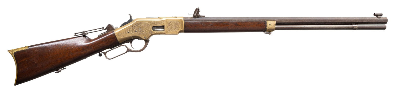 WINCHESTER ENGRAVED 3RD MODEL 1866 LEVER ACTION: RIFLE. Cal. 44 HRF. S# 32105. Bbl. 24" octagon with King's Improvement patent marking. Globe front sight with an unidentified adjustable leaf rear sight and an early Sharps style vernier tang sight. F