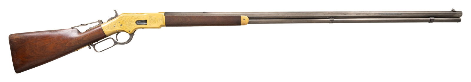 EXTRA LONG WINCHESTER 1866 UPGRADED LEVER ACTION: RIFLE. Cal. 44 HRF. S# 158404. Bbl. 38" octagon modern replacement with added standard King's Improvement bbl. markings. Sporting front sight, filler in rear dovetail, with Vernier tang sight. Full le