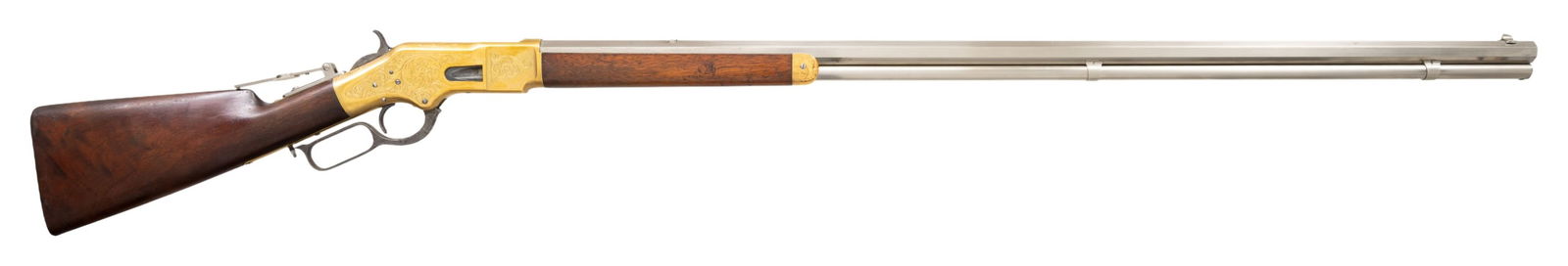 EXTRA LONG WINCHESTER 1866 UPGRADED LEVER ACTION: Cal. 44 HRF. S# 158403. Bbl. Bbl. 38" octagon modern replacement with added standard King's Improvement bbl. markings. Sporting front sight, filler in rear dovetail, with Vernier tang sight. Full leng