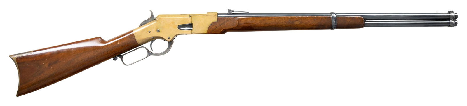 RECREATED RARE PATTERN 1866 FLAT SIDE WINCHESTER: MADE WITH HENRY FRAME. Cal. 44. 10967. Interesting looking rifle with 24" round barrel with full length Henry style magazine, 2-line Henry's patent address not seen on any original rifle I am aware