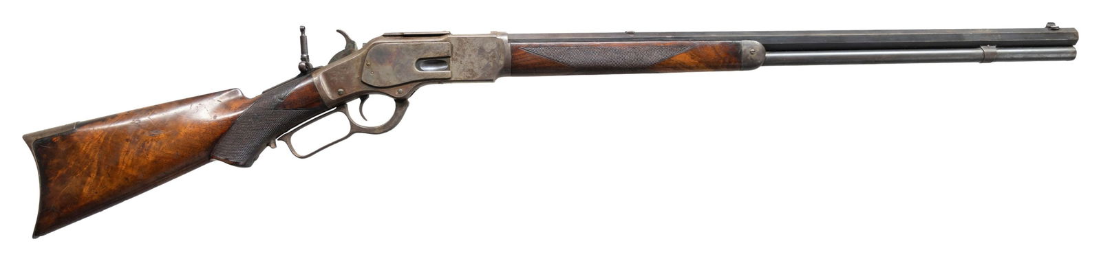 WINCHESTER THIRD MODEL 1873 DELUXE LEVER ACTION: RIFLE. Cal. 38 WCF (38-40). S#. 206041. Bbl. 24" octagon. Replacement bead front sight has a broken bead, filler in rear dovetail with a combination tang sight. Full length mag. Blue finish with case
