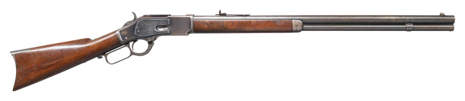 FINE + ANTIQUE WINCHESTER 3RD MODEL 1873 LEVER: ACTION RIFLE. Cal. 44 WCF (44-40). S# 100858A. Bbl 24" rnd with original sporting sights. Full length mag. Blued finish with case colored hammer, lever and crescent steel trapdoor buttplate. It is a r