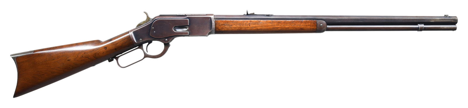 WINCHESTER 1873 THIRD MODEL LEVER ACTION RIFLE.: Cal. 44 WCF. S# 102752A. Bbl. 24" octagon, with early original sporting sights. Full length mag. Blue finish, with case colored hammer and lever. Walnut forearm and straight grip stock, with crescent