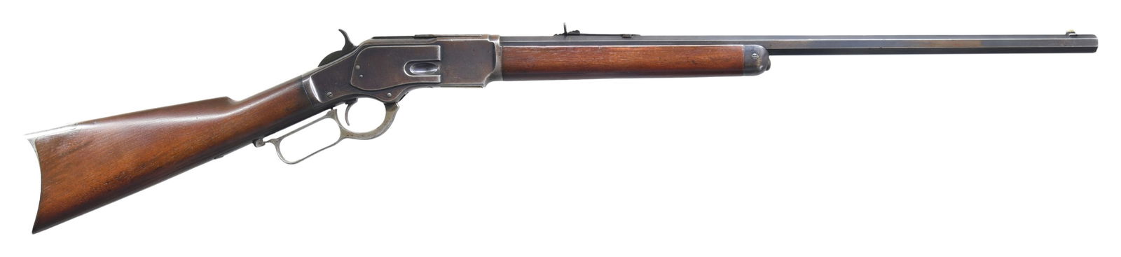 SPECIAL ORDER BUTTON MAG. WINCHESTER 1873 THIRD: MODEL LEVER ACTION RIFLE. Cal. 38 WCF (38-40). S# 248515B. Bbl. 24" octagon, with original sporting sights. Button mag. Blue finish, with case colored hammer and lever. Walnut forearm and straight gri