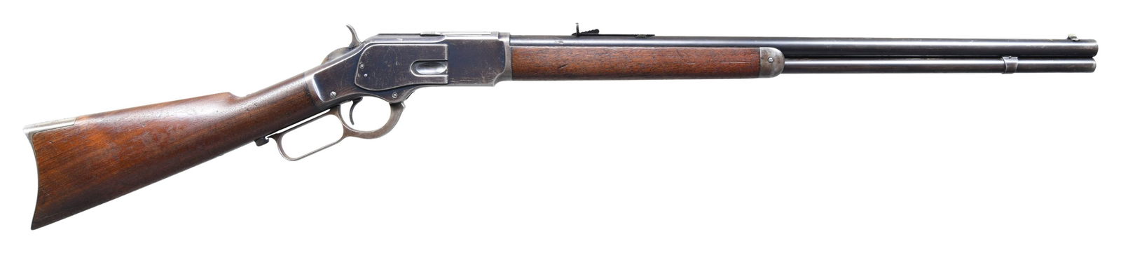 WINCHESTER 1873 THIRD MODEL LEVER ACTION RIFLE.: Cal. 38 WCF. S# 269207B. Bbl. 24" rnd., with original sporting sights. Full length mag. Blue finish, with case colored hammer and lever. Walnut forearm and straight grip stock, with crescent steel tra