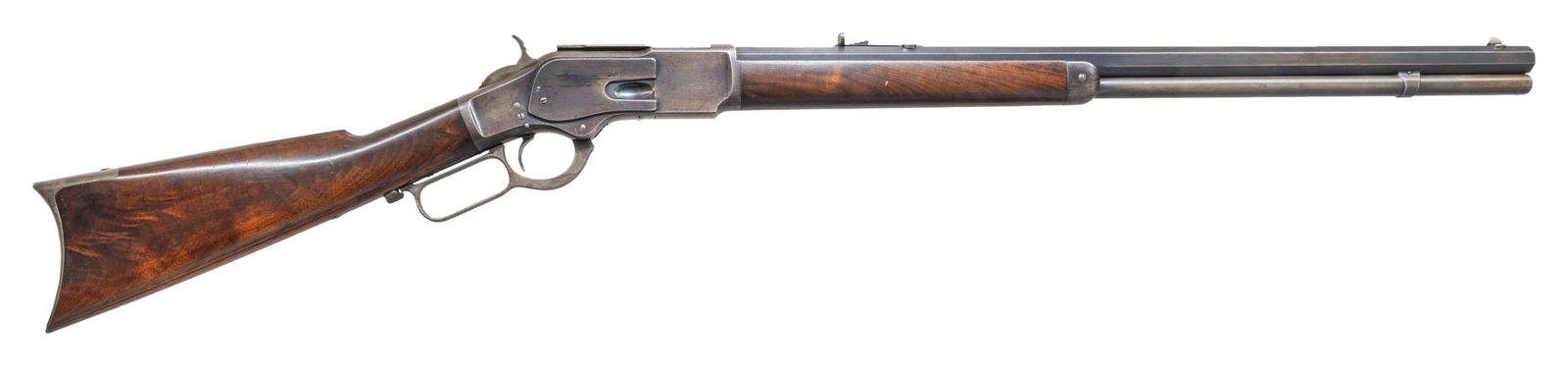 WINCHESTER 2ND MODEL 1873 LEVER ACTION RIFLE.: Cal. 44 WCF (44-40). S#. 77709. Bbl. 24" octagon with original sporting sights. Top bbl. flat forward of the receiver is stamped twice with the initials "W.D.A." Full length mag. Blue finish with case