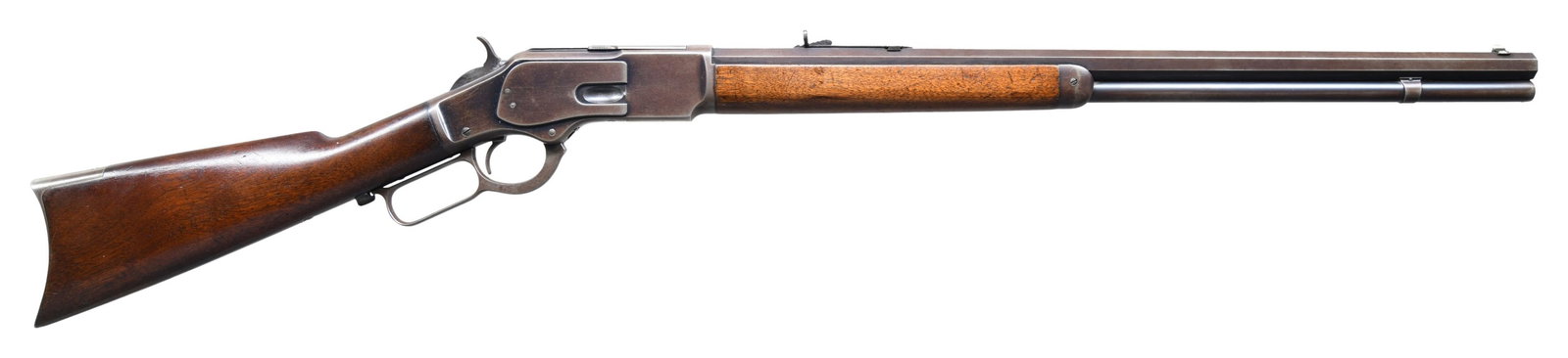 WINCHESTER 1873 THIRD MODEL LEVER ACTION RIFLE.: Cal. 44 WCF. S# 327538B. 24" octagon, with original sporting sights. Full length mag. Blue finish, with case colored hammer and lever. Walnut forearm, with straight grip stock having crescent steel tr