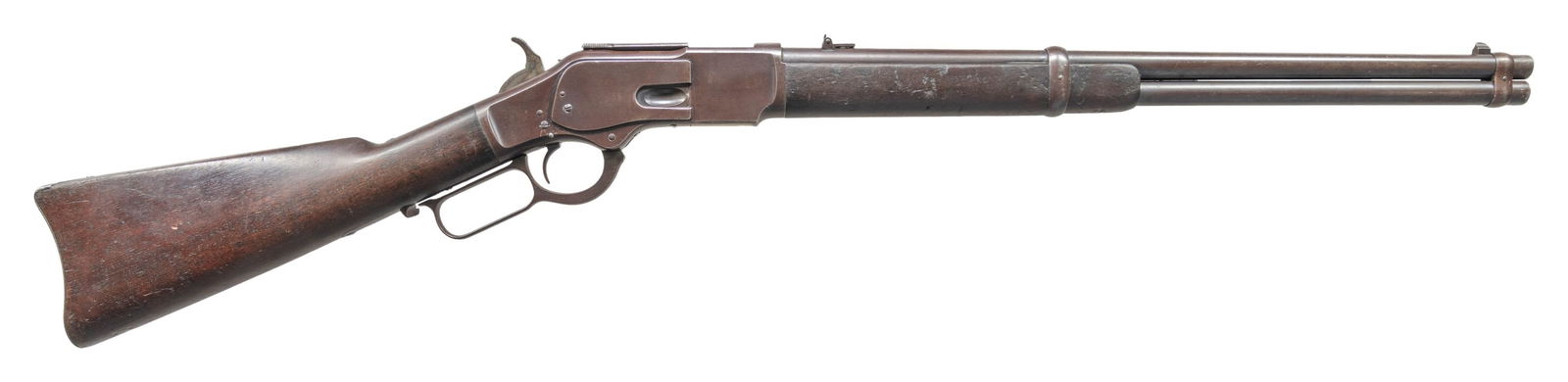 WINCHESTER 2ND MODEL 1873 LEVER ACTION SRC.: Cal. 44 WCF (44-40). S#. 66824. Bbl: 20" carbine style with fixed front & leaf rear sight. Blue finish with case colored hammer & lever. Left side of action has a a staple fastened saddle ring. Band f