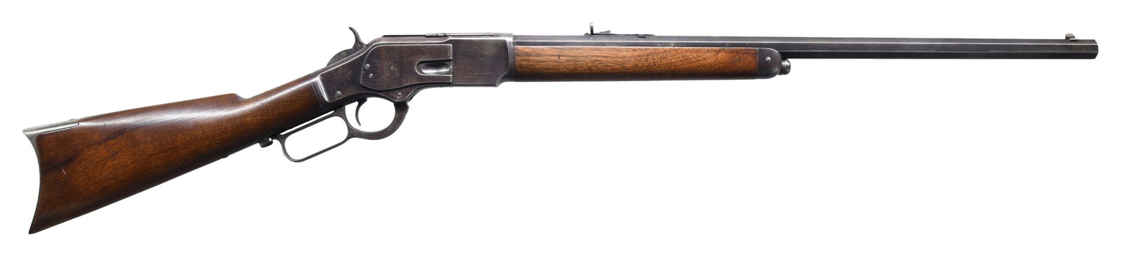DOCUMENTED SPECIAL ORDER WINCHESTER 1873 THIRD: MODEL LEVER ACTION RIFLE. Cal. 44 WCF. S# 121598A. Bbl. 24" octagon, with original sporting sights. Button mag. Blue finish, with case colored hammer and lever. Walnut forearm and straight grip