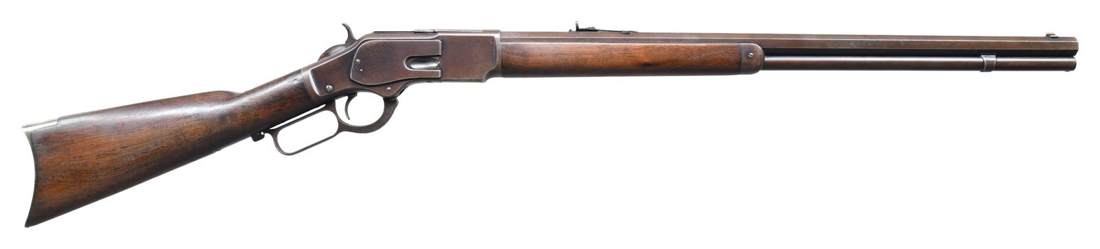 WINCHESTER 1873 THIRD MODEL LEVER ACTION RIFLE.: Cal. 44 WCF. S# 111768A. Bbl. 24" octagon with correct early short sight & elevator. Full length mag. Blue finish. Walnut forearm and straight grip stock, with crescent steel buttplate. Mfg. 1883.