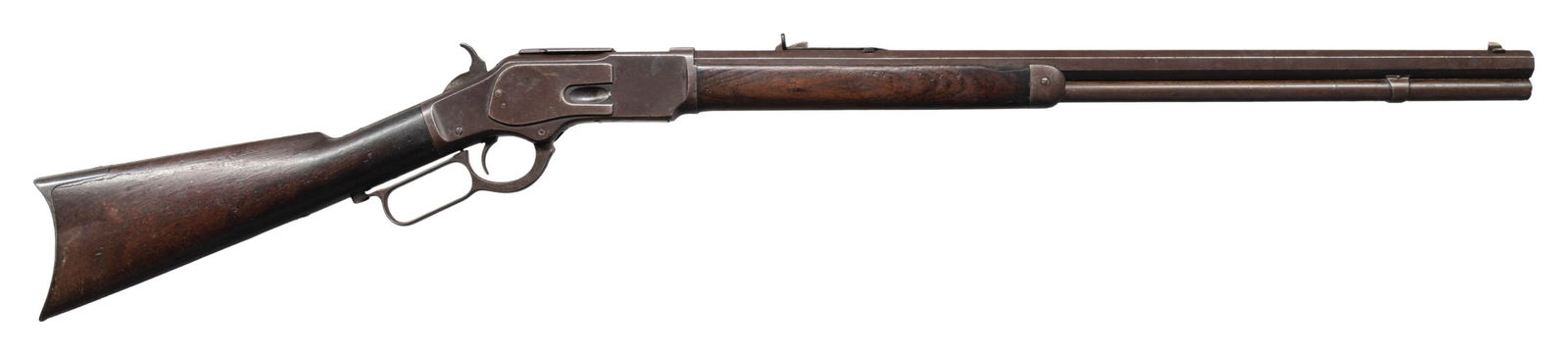 WINCHESTER 3rd MODEL 1873 LEVER ACTION RIFLE.: Cal. 44 WCF (44-40). S# 159593A. Bbl 24" octagon with sporting sights. Full length mag. Walnut forearm and straight grip stock and crescent steel trapdoor buttplate. Mfg. 1885. CONDITION: metal has