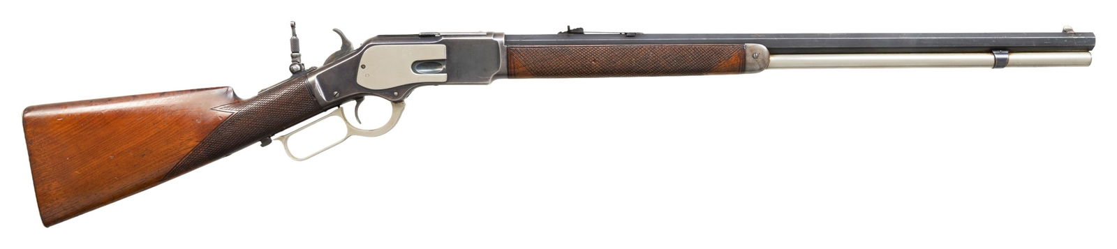 WINCHESTER 3rd MODEL 1873 LEVER ACTION RIFLE.: Cal. 38 WCF. S# 215993B. Bbl 24" octagon. Sporting front sight, flat top sporting rear sight with combination tang sight. Full length mag. Blue finish with added nickel finished mag tube, side