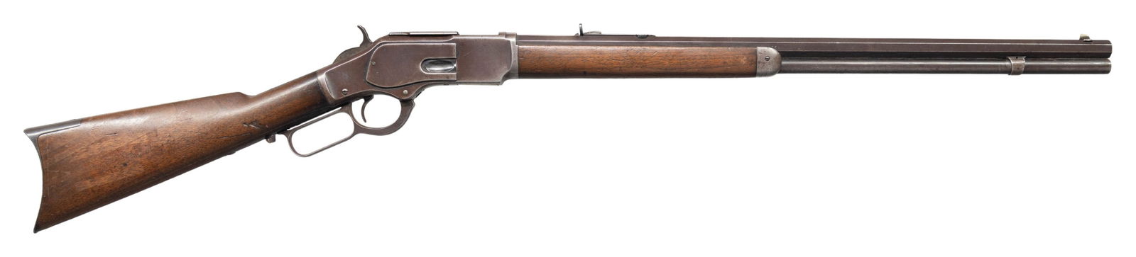 WINCHESTER 1873 LEVER ACTION RIFLE.: Cal. 38 WCF. S# 254160B. Bbl 24" octagon. Sporting sights. Full length mag. Blue finish. Walnut forearm, straight grip stock and crescent steel trapdoor buttplate. Mfg. 1888. UNATTACHED ACCESSORIES: