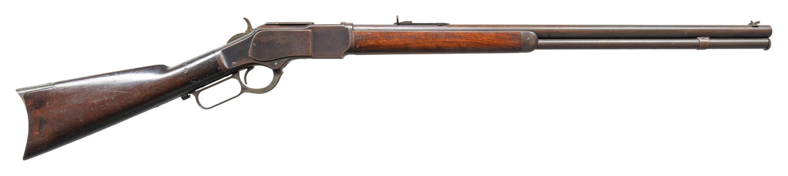 WINCHESTER THIRD MODEL 1873 LEVER ACTION RIFLE.: Cal. 22 Short. S# 250825B. Bbl. 24" rnd. Combination front sight with sporting rear sight. Full length tubular mag. Blue finish with case colored hammer and lever. Walnut forearm and straight grip