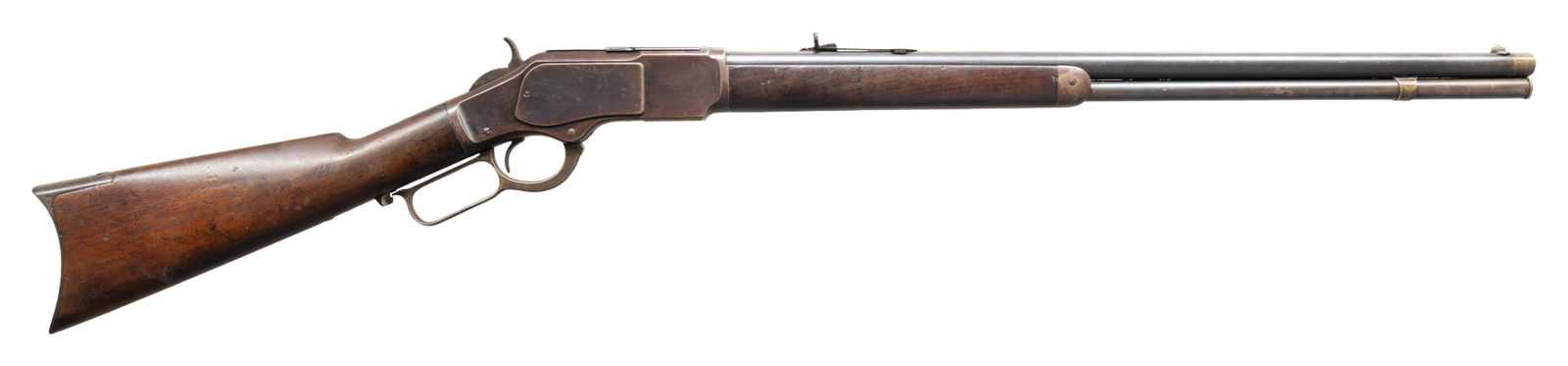 WINCHESTER 3RD MODEL 1873 RIMFIRE LEVER ACTION: RIFLE. Cal. 22short. S#. 296950. Bbl. 24" round. Sporting sights. full length tubular mag. Walnut forend & straight grip stock with crescent steel buttplate. Mfg. 1889. CONDITION: bbl. & mag tube have