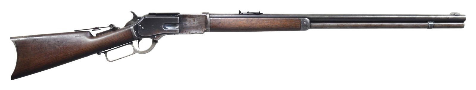 VERY NICE FRESH TO MARKET WINCHESTER 1876 FIRST: MODEL LEVER ACTION RIFLE. Cal. 45-75 WCF. S# 1932. Bbl. 28" rnd. This First model rifle with factory added rail & dust cover has never been offered in the public market. Initial production of the