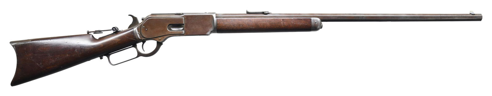 DOCUMENTED SPECIAL ORDER WINCHESTER 1876 THIRD: MODEL LEVER ACTION RIFLE. Cal. 40-60 WCF. S# 54480. Rare combination of 28" full octagon bbl. with button mag. Sporting front sight, graduated leaf rear sight, with Vernier tang sight. Blue finish,