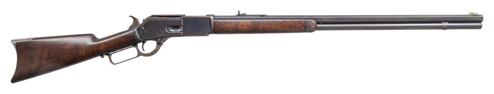 WINCHESTER MODEL 1876 LEVER ACTION RIFLE.: Cal.40-60 WCF. S#. 57507. Bbl. 28" octagon. Rocky Mtn. front with sporting rear sight. Full length mag. Blue finish with case colored hammer & lever. Walnut forend and straight grip stock with