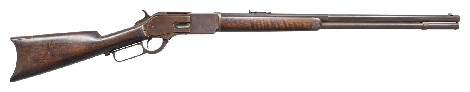 WINCHESTER MODEL 1876 LEVER ACTION RIFLE.: Cal. 45-60. S#. 29314. bbl. 28" octagon to round (letter states round). Sporting front with graduated leaf rear sight. Full length mag. Blue finish. Walnut forend & straight grip stock with crescent