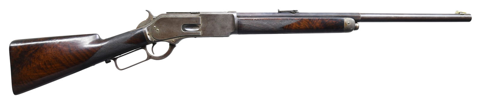 WINCHESTER 1876 THIRD MODEL DELUXE LEVER ACTION: RIFLE. Cal. 45-75. S# 8062. Bbl. octagon to round, shortened to 22 1/4". Rocky mountain front sight w/ graduated leaf rear sight. Button mag. Blue finished bbl. w/ case colored action. Standard