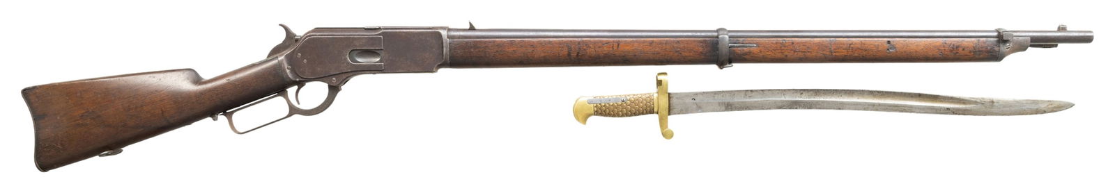 RARE HAWAII NATIONAL GUARD WINCHESTER 3RD MODEL: 1876 LEVER ACTION MUSKET. Cal. 45-75. S#. 28785. Bbl. 32". Fixed front with replacement fixed V-notch rear sight. Tubular mag in forend. Band fastened forend has a rare partially visible wiping rod