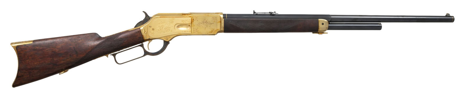 WINCHESTER MODEL 1876 ENGRAVED & UPGRADED LEVER: ACTION RIFLE. Cal. 45-60 WCF. S# 32071. Bbl. octagon to rnd. configuration shortened to 23 7/8". Sporting front sight with folding leaf rear sight. Breech and muzzle ends of bbl. have added single