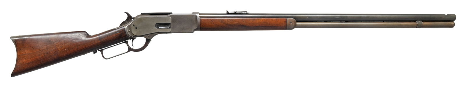 WINCHESTER LATE 2ND MODEL 1876 LEVER ACTION RIFLE.: Cal. 45-60 WCF. S#. 22000. Bbl. 28" round. Open dovetail for front sight with a graduated leaf rear sight. Full length mag. Set trigger. Walnut forend & straight grip stock with crescent steel trap