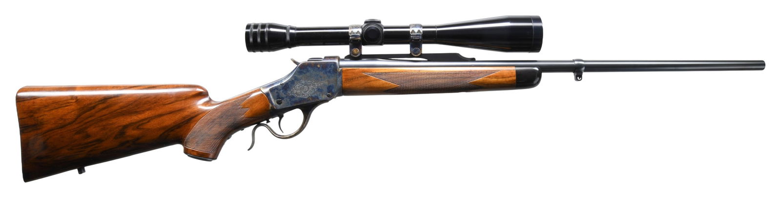 WINCHESTER MODEL 1885 HIGH WALL CUSTOM AL BIESEN: SINGLE SHOT SPORTING RIFLE. Cal. 25 Krag (wildcat based on a necked down 30-40 Krag case). S#. 70XX7, center numbers are removed by the addition of a tang screw. Bbl. custom 22" tapered round without