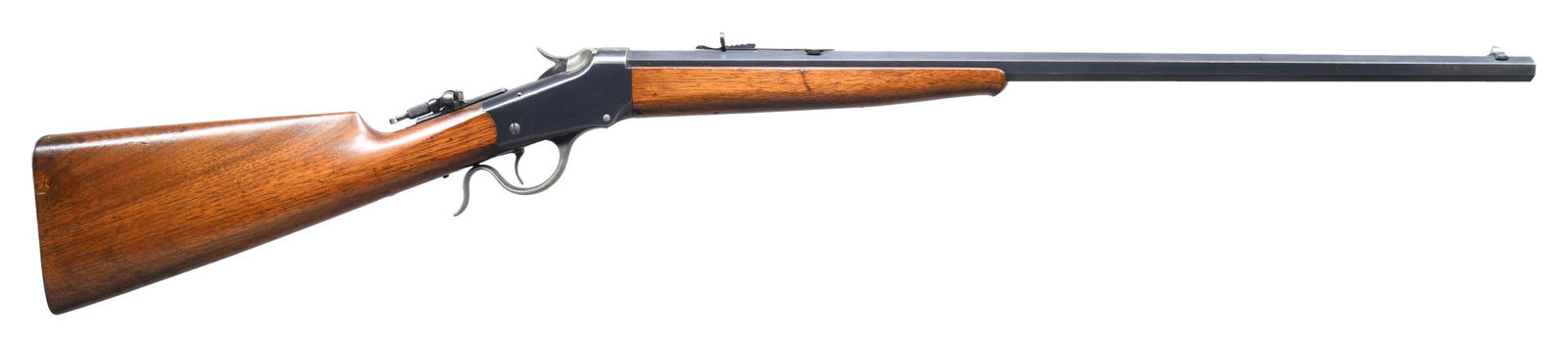 EXCEPTIONAL, ORIGINAL 22 WCF WINCHESTER MODEL: 1885 LOW WALL SINGLE SHOT RIFLE WITH WINCHESTER LOADING TOOL. Cal. 22 WCF. S# 96544. Bbl. 26" octagon of No. 1 weight. Sporting bbl. sights, with combination tang sight. Thick wall receiver. Blue