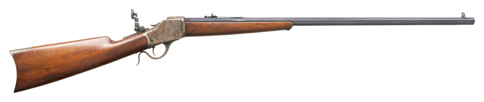 WINCHESTER 1885 HIGH WALL SINGLE SHOT RIFLE.: Cal. 32 WCF (32-20). S# 46173. Bbl 28" No. 1 weight tapered octagon. Combination front sight, flat top sporting rear sight with Lyman combination tang sight having a large disk. Blue finish with case