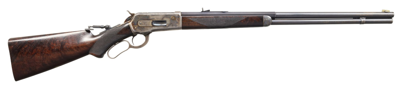 FINE, ORIGINAL SECOND YEAR SPECIAL ORDER: WINCHESTER 1886 DELUXE 45-90 CAL. LEVER ACTION RIFLE WITH FACTORY LETTER. Cal. 45-90. S# 4845. Bbl. 26" with German silver blade front sight & semi buckhorn rear. Beautiful early Model 1886 mfg. in th