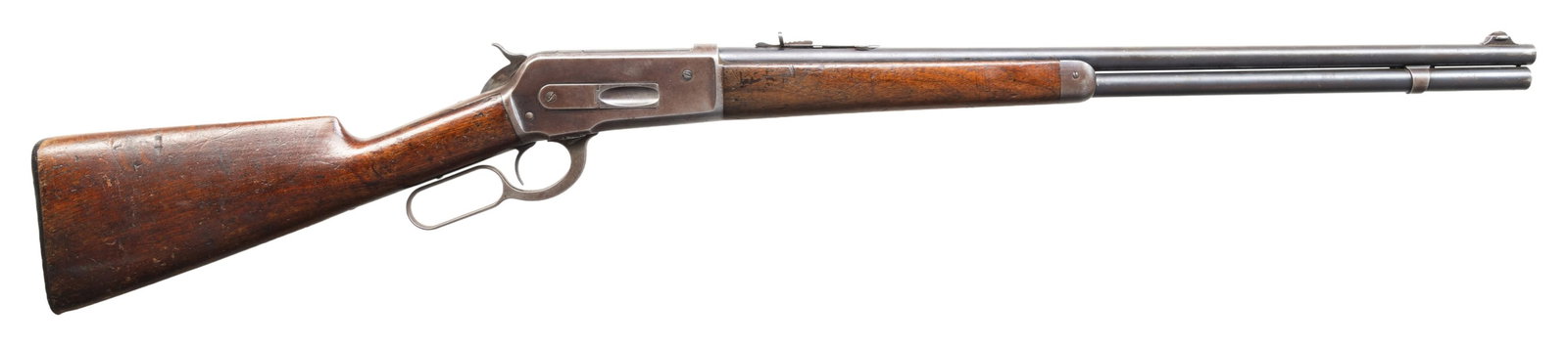 WINCHESTER 1886 LIGHTWEIGHT LEVER ACTION RIFLE.: Cal. 33 WCF. S# 139486A. Bbl 24" tapered round. Ramp mounted Lyman No. 3 hunting front sight with original sporting rear sight. Full length tubular mag. Blue finish with case colored lever and hammer.