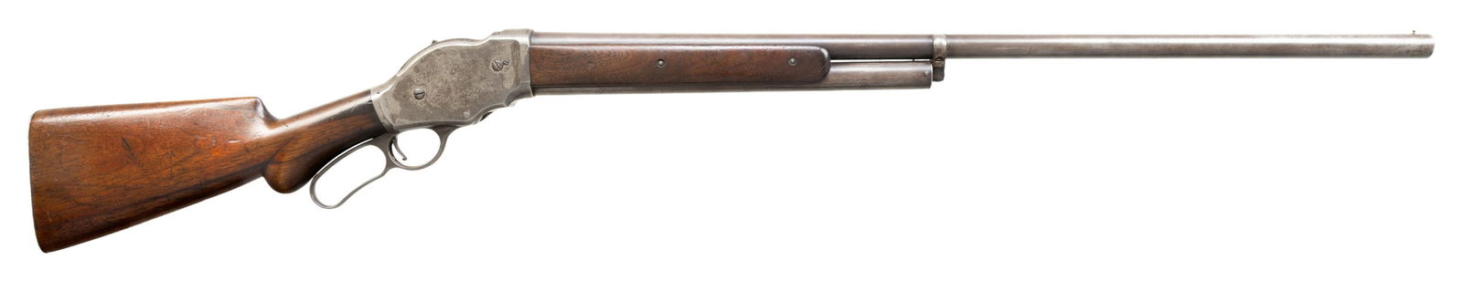 WINCHESTER MODEL 1887 LEVER ACTION SHOTGUN.: Cal. 12 ga. 2 5/8". S# 50501. Bbl. 32" w/ fixed full choke & brass bead. Half length mag. Left side of action has oval "WRA" marking. Two panel forearm & round knob pistol grip stock w/ checkered stee