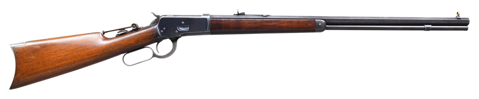 VERY NICE FIRST YEAR OF PRODUCTION WINCHESTER: MODEL 1892 LEVER ACTION RIFLE. Cal. 32 WCF (32-20). S# 4887. Bbl. 24" octagon. Gold washed Beech combination front sight, sporting rear sight and mid-range Vernier tang sight having large disc apertur