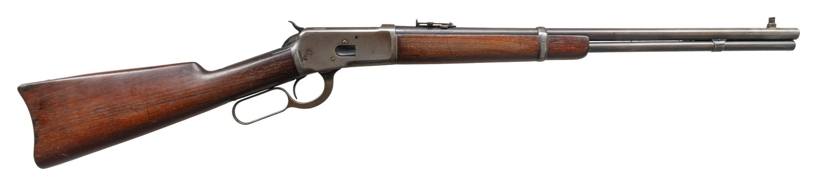WINCHESTER 92 SADDLE RING CARBINE.: Cal. 25-20 WCF. S# 937084. Mfg. 1925. Bbl. 20" with pinned carbine blade front sight (replacement blade). Carbine rear sight. Bbl marked "-Model 92 W- Winchester-25-20 W.C.F.- / -Trademark-". Unchecke