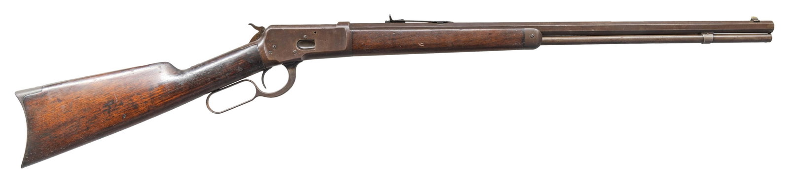 WINCHESTER 1892 LEVER ACTION RIFLE.: Cal 25-20 WCF. S# 187036. Mfg. 1902. Bbl. 24" with brass tipped dovetailed sporting front sight. Elevator adjustable semi buckhorn rear sight. "Manufactured by the / Winchester Repeating Arms Co. New